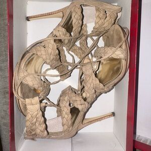 Braided Lace-Up High Heel Sandals in Tan